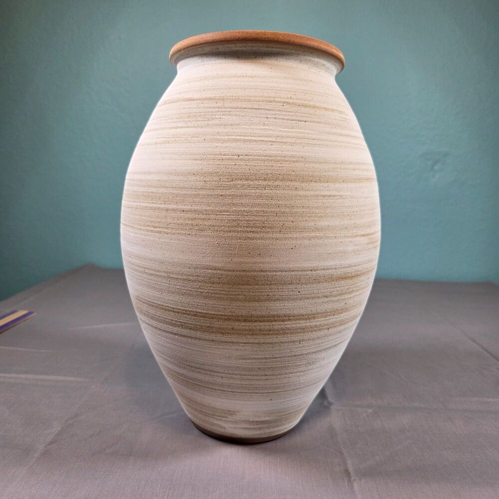 Rustic Ceramic Farm House Vase Beige Brown and Cream Color 11 in High 8 In Wide